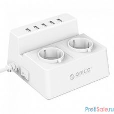 Зарядное устройство/сетевой фильтр Orico ODC-2A5U (белый), 5*USB2,4А/5В; 20 Вт; 2*AC/220-250В, 10А