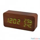 Perfeo LED часы-будильник "Wood", коричневый корпус / зелёная подсветка (PF-S736) время, температур