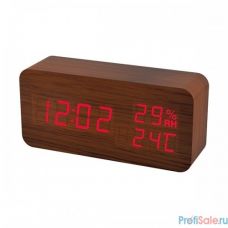 Perfeo LED часы-будильник "Wood", коричневый / красная (PF-S736) время, температура, влажность