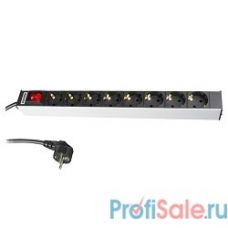 Hyperline SHT19-8SH-S-2.5EU Блок розеток для 19" шкафов, горизонтальный, 8 универсальных розеток, 16A, выключатель, шнур 2.5м
