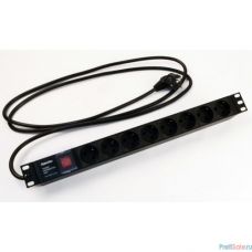 Hyperline SHE19-8SH-S-2.5EU Блок розеток для 19" шкафов, горизонтальный, с выключателем с подсветкой, 8 розеток Schuko (16A), 250В, кабель питания 3х1.5мм2, длина 2.5 м, с вилкой Schuko, 482.6x44.4x44