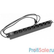 Hyperline SHE19-9SH-2.5IEC Блок розеток для 19" шкафов, горизонтальный, 9 розеток Schuko (10A), 250В, кабель питания 3х1.0мм2, длина 2.5 м, с вилкой IEC 320 C14, 482.6x44.4x44.4мм (ДхШхВ)