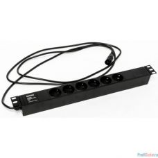 Hyperline SHE19-6SH-2.5IEC Блок розеток для 19" шкафов, горизонтальный, 6 розеток Schuko (10A), 250В, кабель питания 3х1.0мм2, длина 2.5 м, с вилкой IEC 320 C14, 482.6x44.4x44.4мм (ДхШхВ)