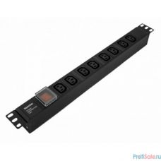 Hyperline SHE19-8IEC-S-IEC Блок розеток для 19" шкафов, горизонтальный, с выключателем с подсветкой, 8хIEC 320 C13, 10A, 250В, без кабеля питания, входная розетка IEC 320 C14, 482.6x44.4x44.4мм(ДхШхВ)