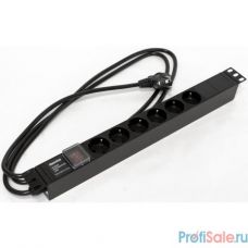 Hyperline SHE19-6SH-S-2.5EU Блок розеток для 19" шкафов, горизонтальный, с выключателем с подсветкой, 6 розеток Schuko (16A), 250В, кабель питания 3х1.5мм2, длина 2.5 м, с вилкой Schuko, 482.6x44.4x44