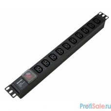 Hyperline SHE19-10IEC-S-IEC Блок розеток для 19" шкафов, горизонтальный, с выключателем с подсветкой, 10xIEC 320 C13, 10A, 250В, без кабеля питания, входная Розетка IEC 320 C14, 482.6x44.4x44.4мм (ДхШ